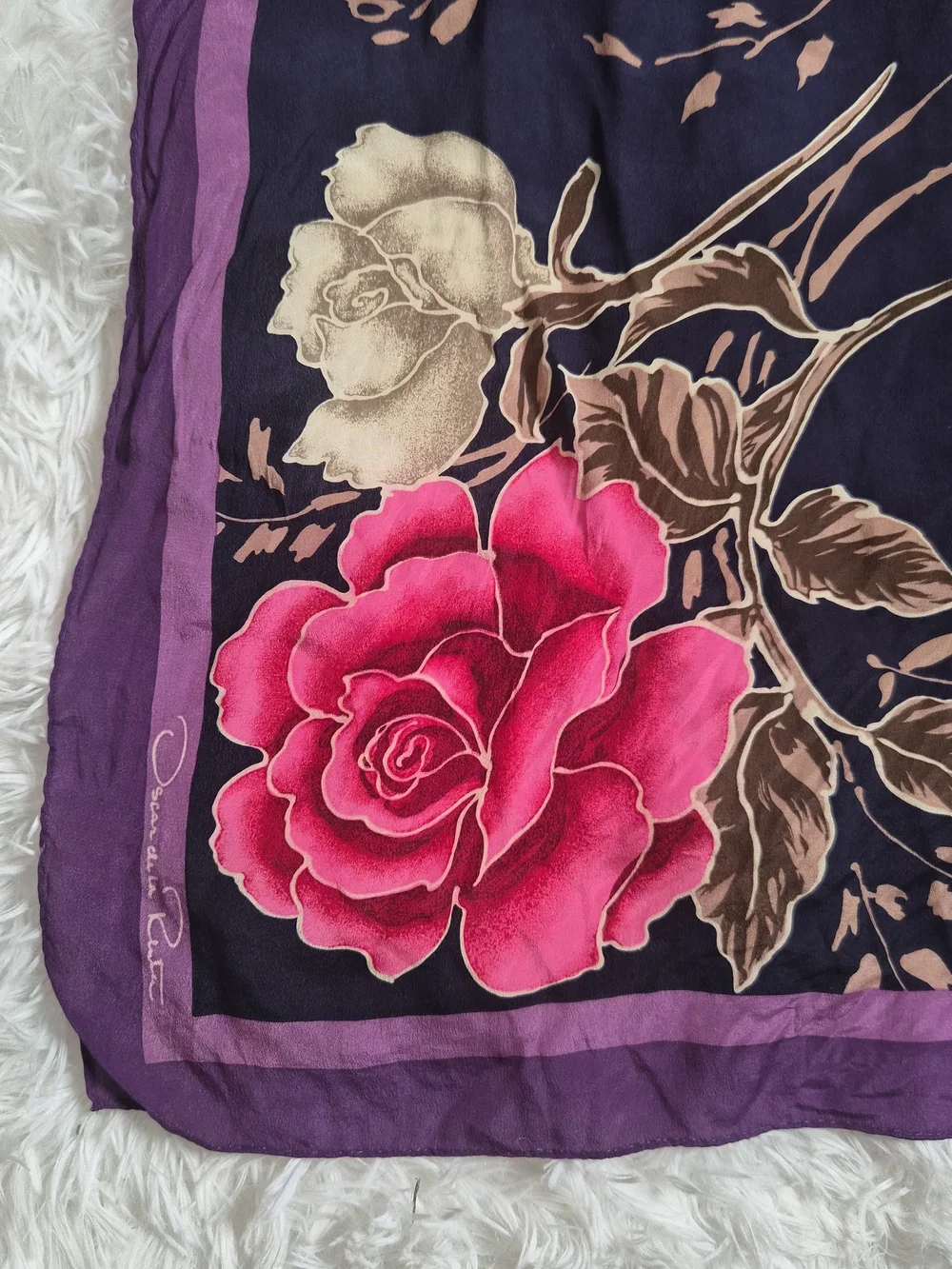 Womens Vintage Silk Scarf Oscar De La Renta Designer Purple Black Floral Print ✨